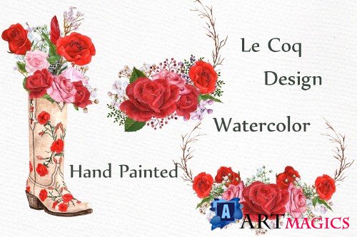 Watercolor Red Roses bouquets - 987814