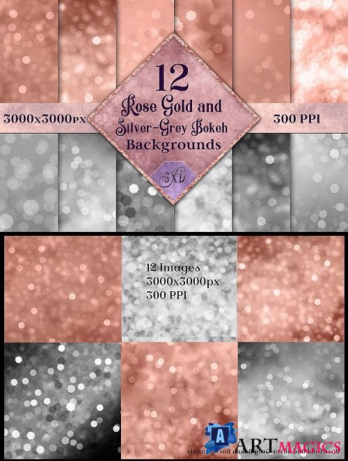 Rose Gold and Silver-Grey Bokeh Backgrounds - 12 Image Set - 261540