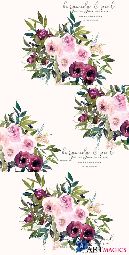 Watercolor Burgundy and Pink Flower Clipart - 260410