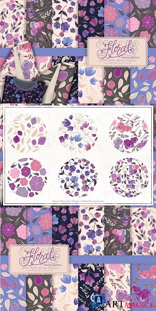 Flora 25 Purple Seamless Patterns - 3784253