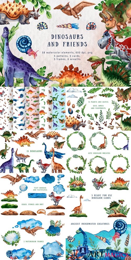 Dinosaurs and Friends - Watercolor Set - 3809221