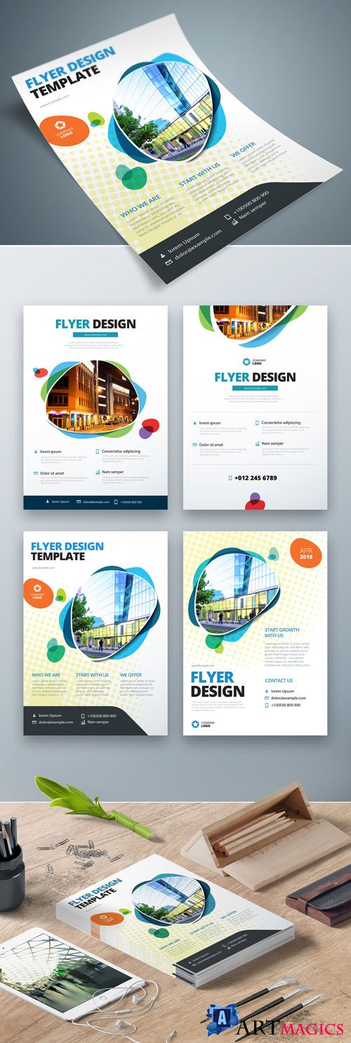 Four Flyer Layouts with Layered Abstract Spots and a Halftone Effect