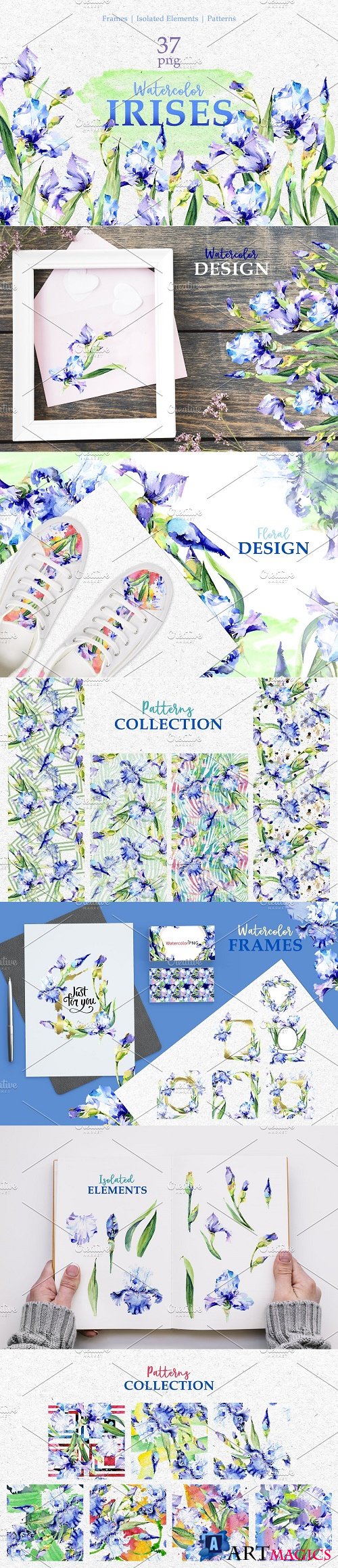 Blue Watercolor Irises PNG set - 3810430
