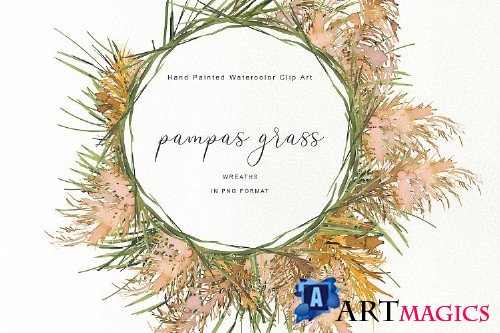 Watercolor Pampas Grass Wreath - Pampas - 266464