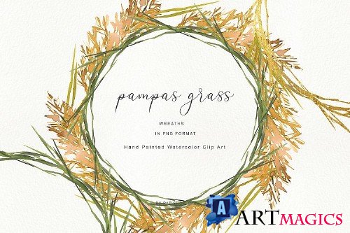 Watercolor Pampas Grass Wreath - Pampas - 266464