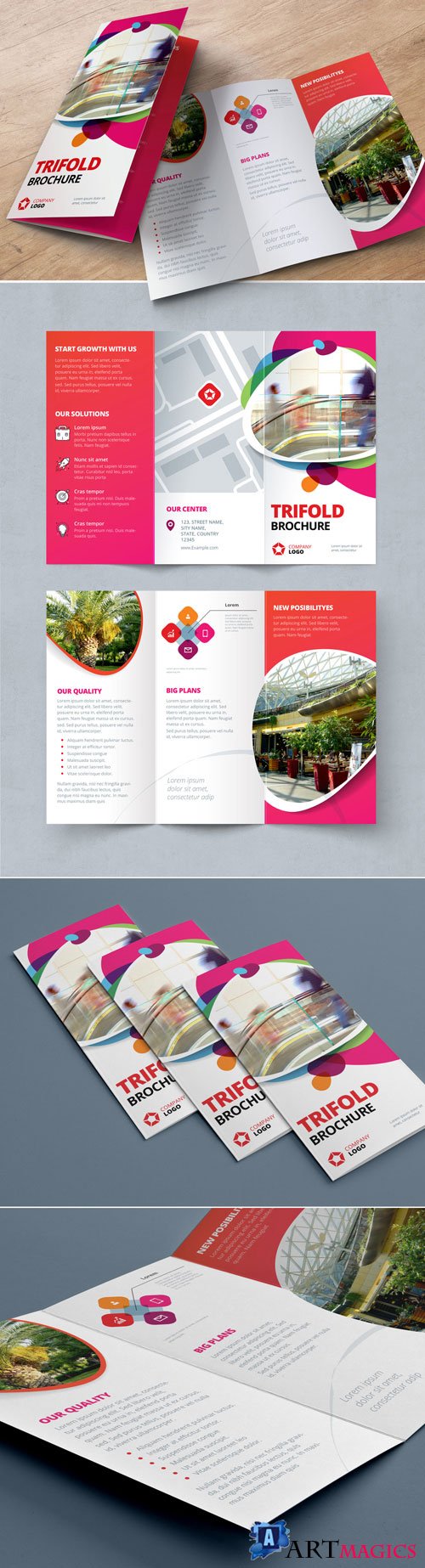 Pink and Red Gradient Trifold Brochure Layout with Abstract Spots 212820437