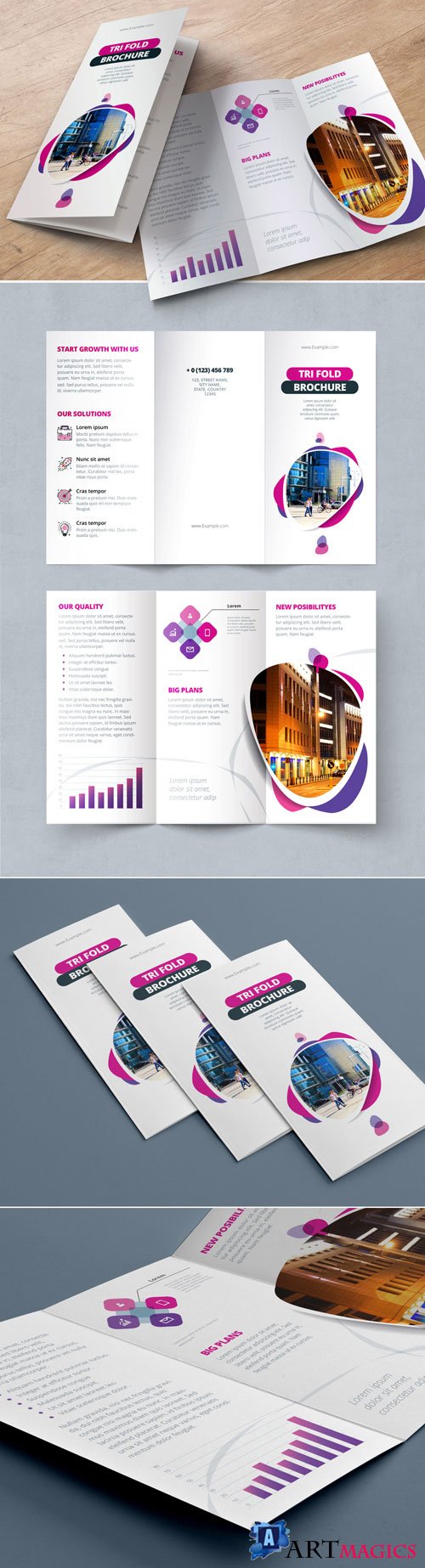 Pink and Purple Trifold Brochure Layout with Abstract Spots 212820461