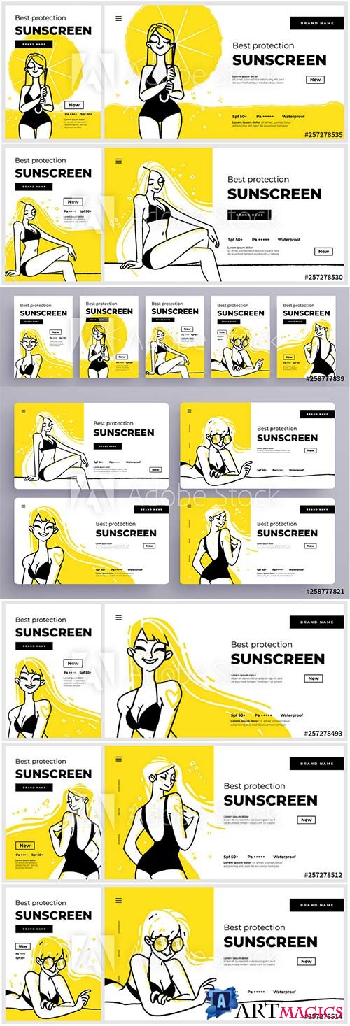 Banner or landing page templates for sunscreen protection sun care cosmetics, happy smiling girls sunbathe