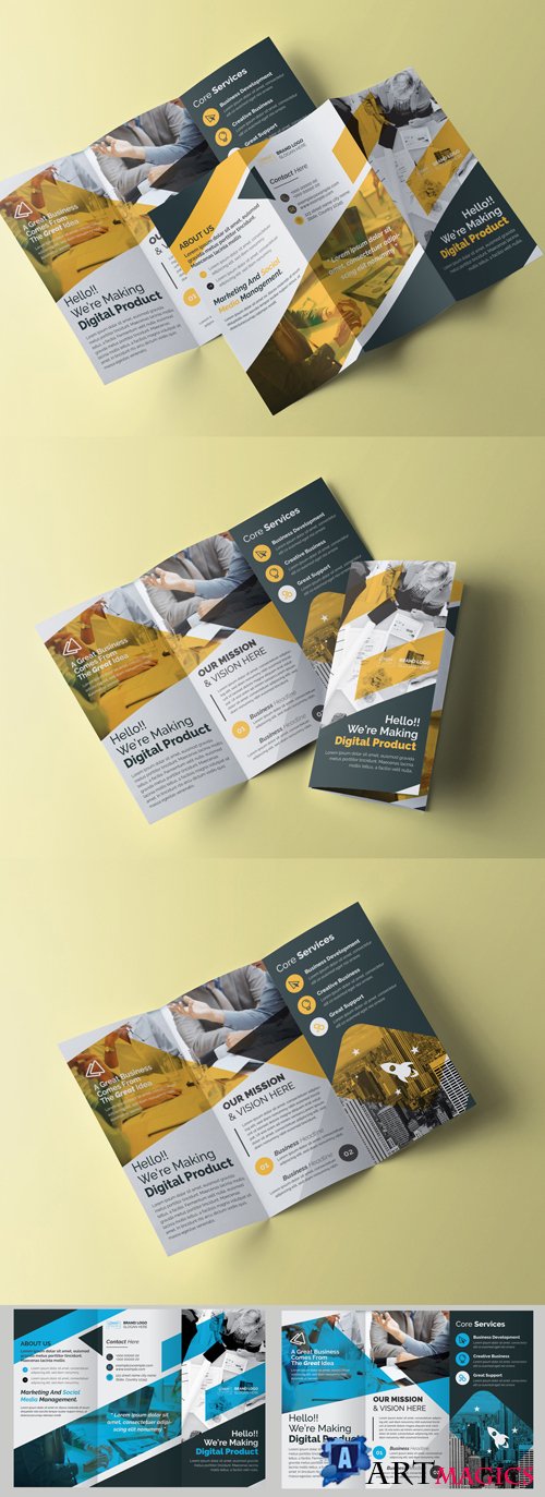 Trifold Brochure Layout with Blue and Yellow Elements 242884143