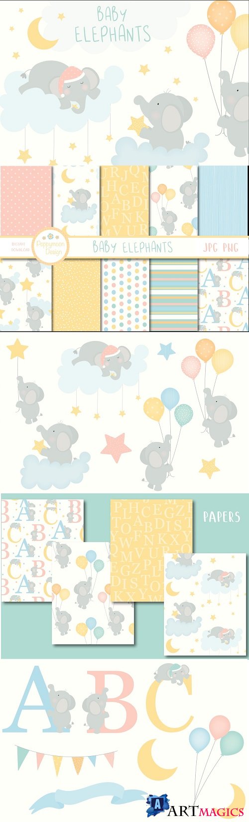 Baby Elephant set (clipart + paper) - 3816666 - 3816667