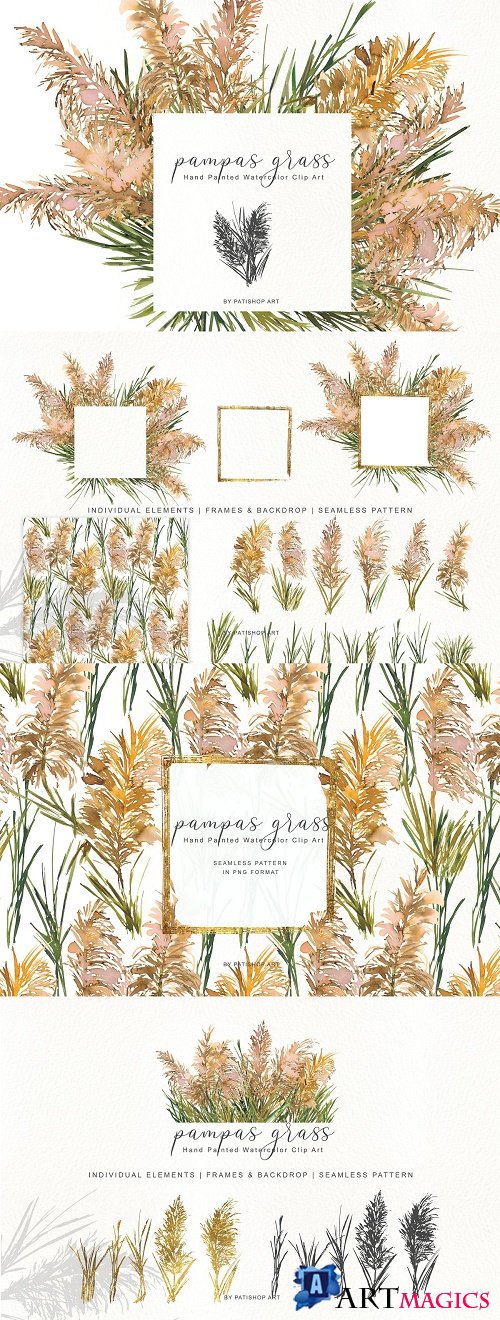 Watercolor Pampas Grass Clipart Set - 3816256