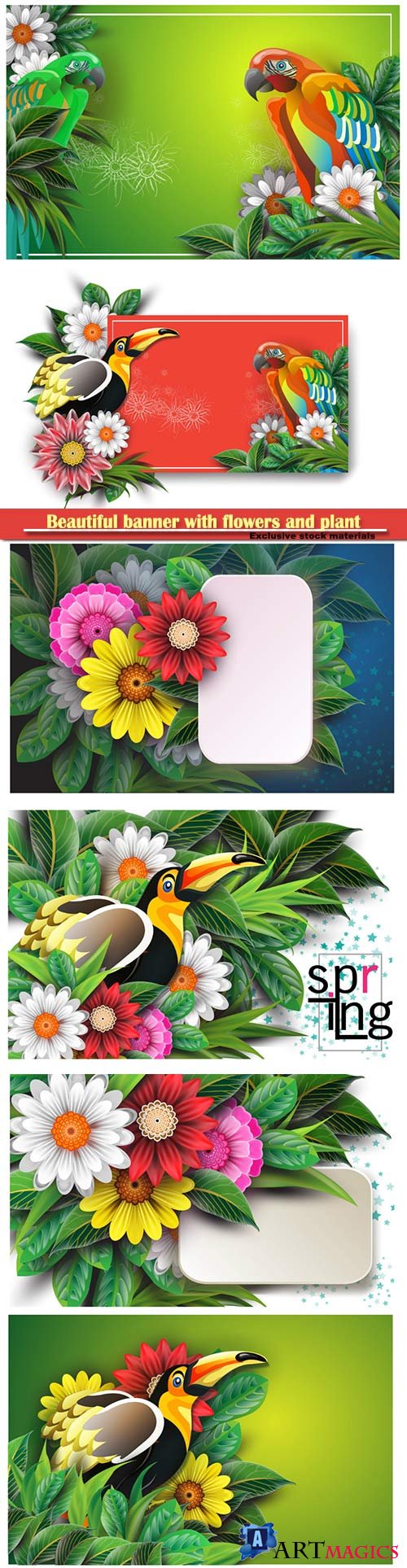 Beautiful banner with flowers and plant fronds set with bird