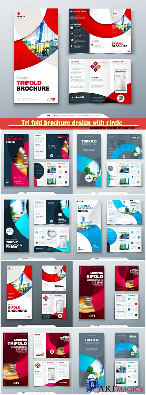 Tri fold brochure design with circle, corporate business template