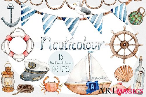 Nauticolour - Hand-Painted Watercolour Clip Art 15 Piece Set - 239585