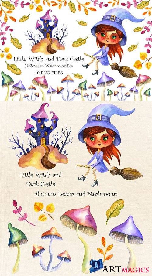 Little witch and dark castle. Halloween watercolor set - 38649