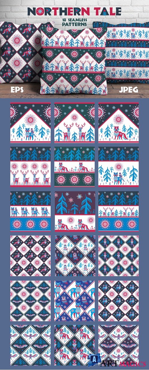 Northern tale. Seamless patterns with Arctic animals in Tribal style - 86490