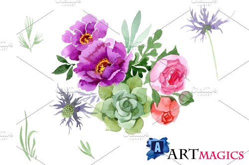 Peonies paradise purple watercolor - 3828592