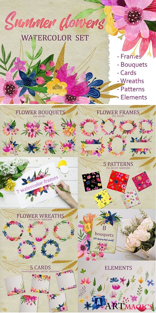 Watercolor flowers summer set of frames, elements, cards 266595