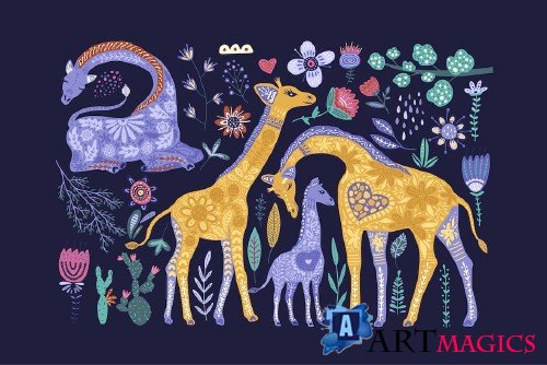 Magic giraffes. Folk art graphic set - 3825733