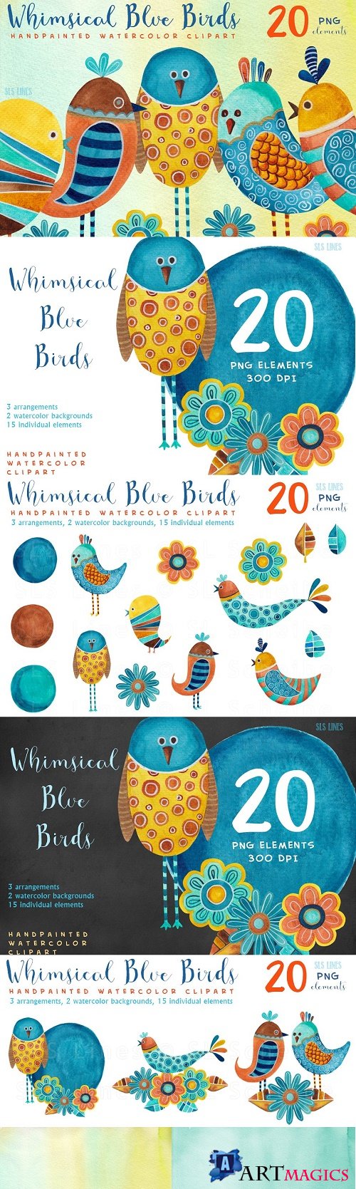 Whimsical Blue Birds - 696538