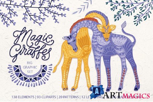 Magic giraffes. Folk art graphic set - 3825733