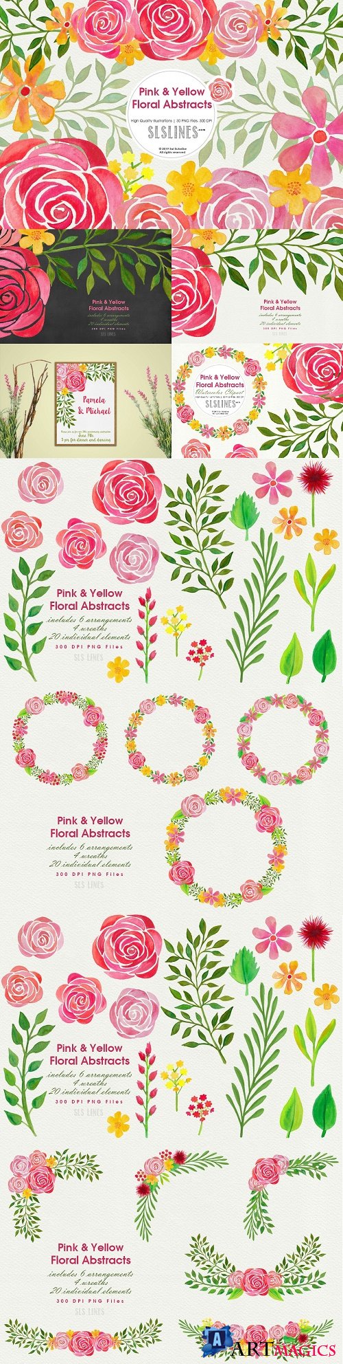 Pink & Yellow Watercolor Florals - 3742936