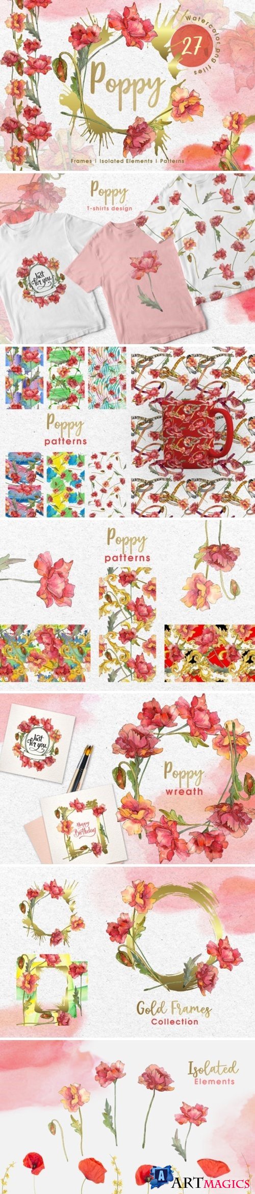 Red Watercolor Poppies PNG 269553
