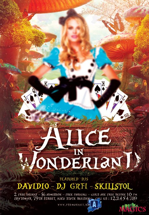 Alice in Wonderland Party Flyer  PSD Template