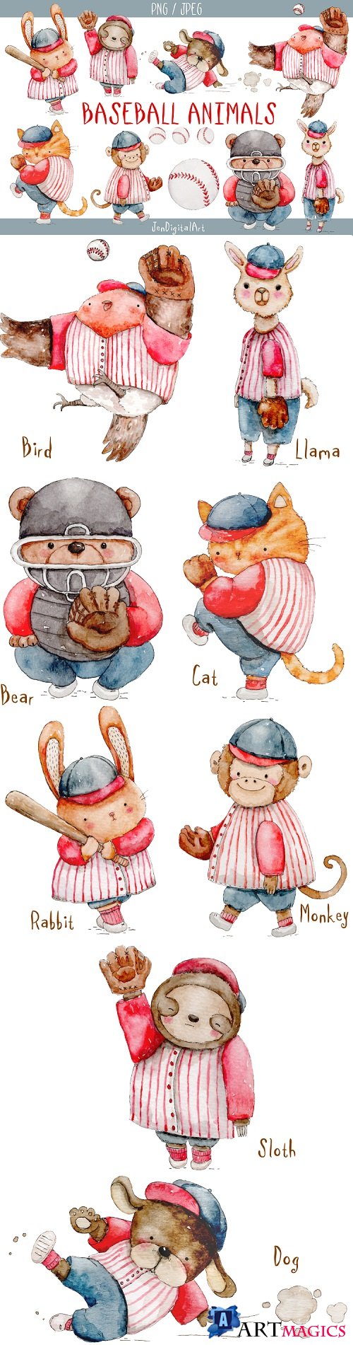 Watercolor Baseball Animals - 270359