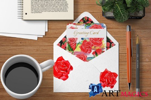 Wonderful red rose watercolor design - 3103648
