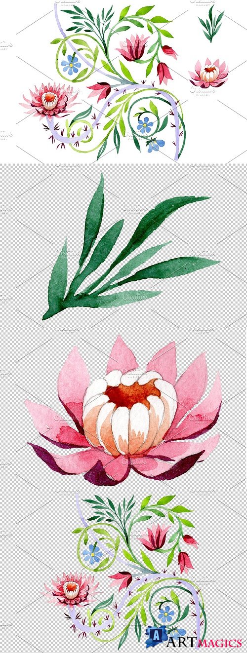 Ornament with lotus Watercolor png - 3850634