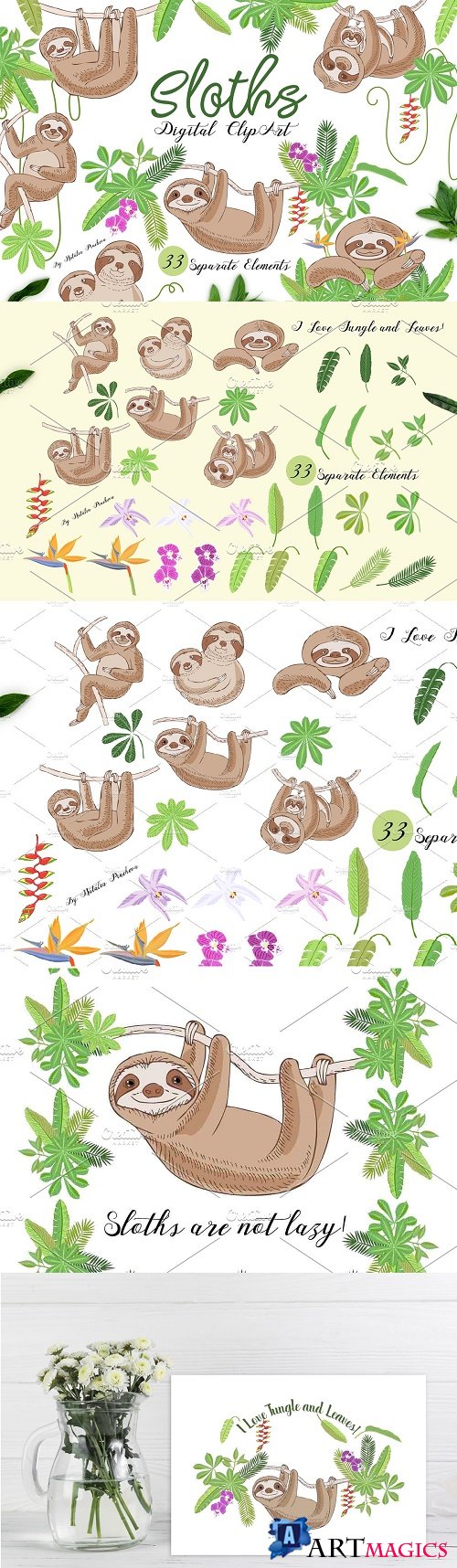 Sloths in Jungle Digital Clipart - 3672942