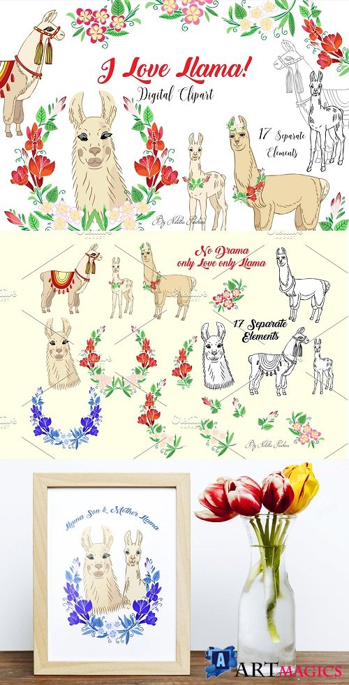 Llama Clipart with red flowers - 3484104