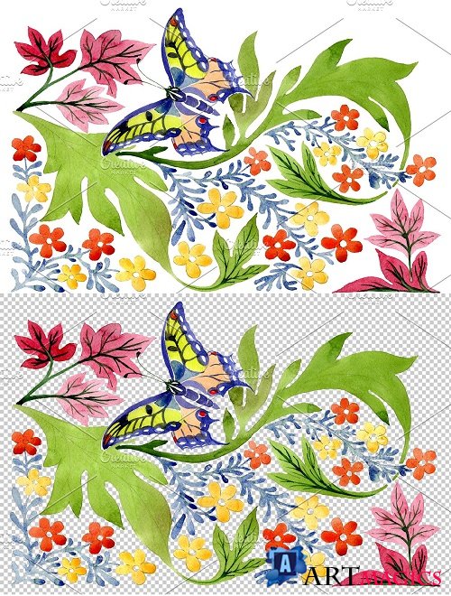 European floral ornament watercolor - 3850130