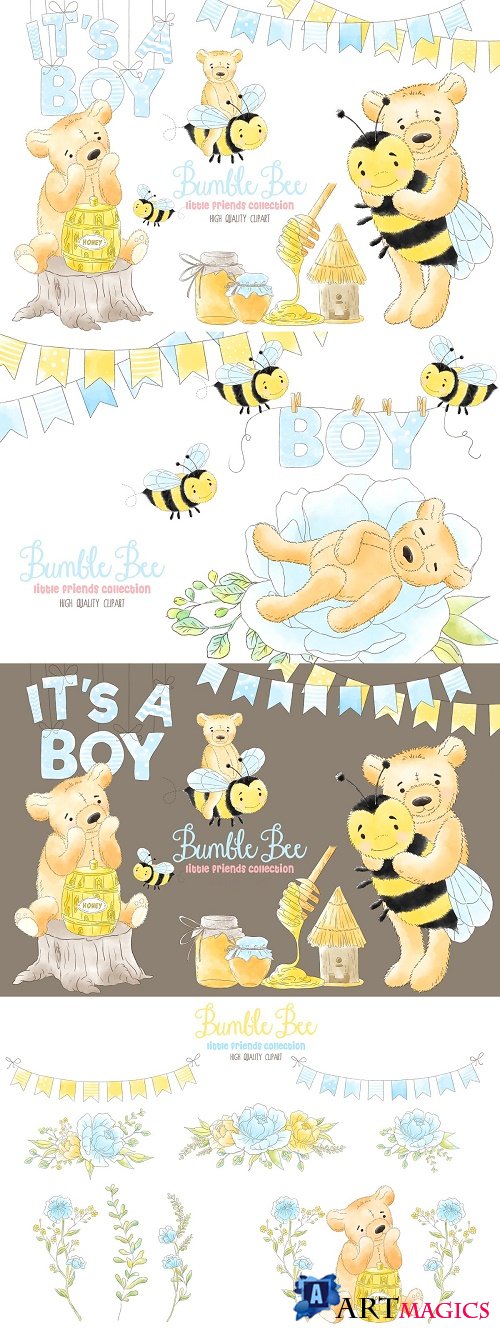 Bee Boy and Honey Watercolor clipart - 3803218
