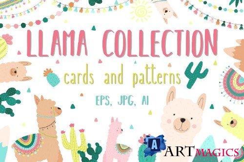 Hand-drawn llama collection - 3409204