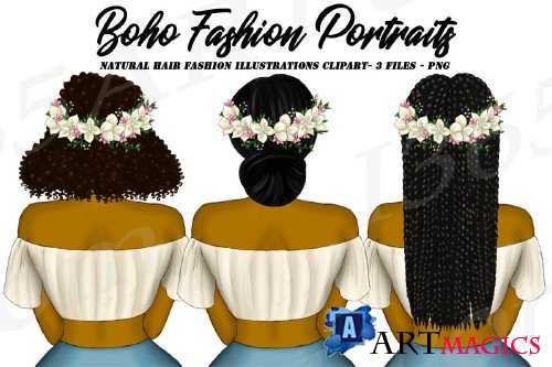 Boho Natural Hair Fashion Girl Clipart, Flower Wreath Spring - 267900
