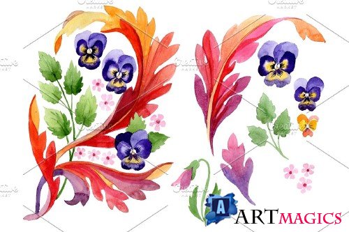 Ornament with pansies Watercolor png - 3869886