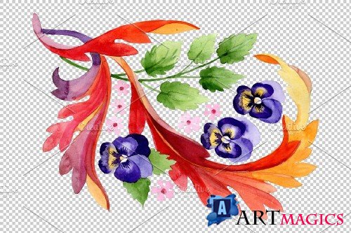 Ornament with pansies Watercolor png - 3869886