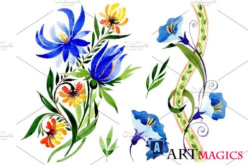 Ornament floral blue watercolor png - 3868901