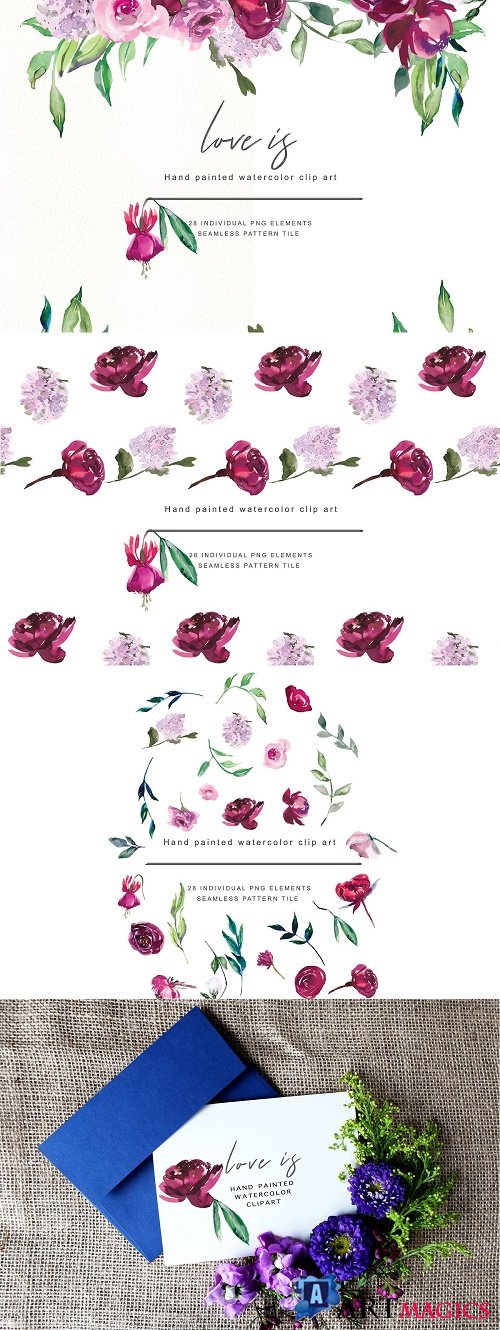 Watercolor Marsala & Pink Flowers - 3112777