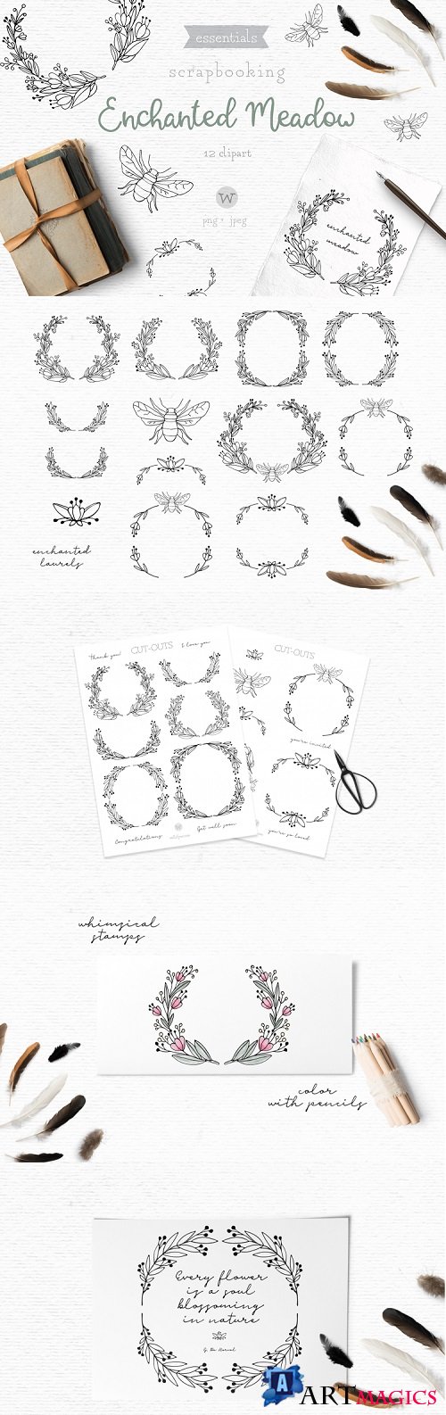 Doodle wreath clipart, digital stamps, botanical clipart - 272854
