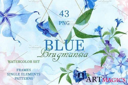 Blue Brugmansia Watercolor png - 3882206