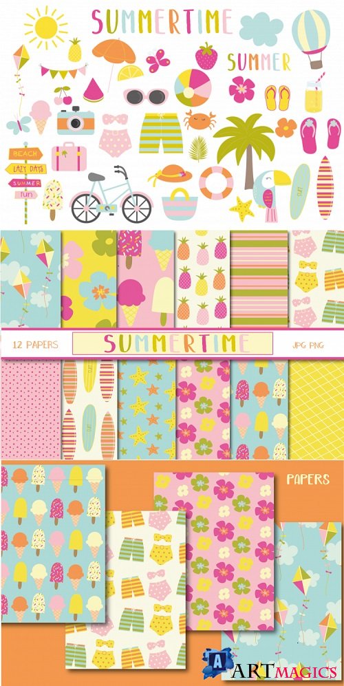 Summertime set, clipart and papers - 93019