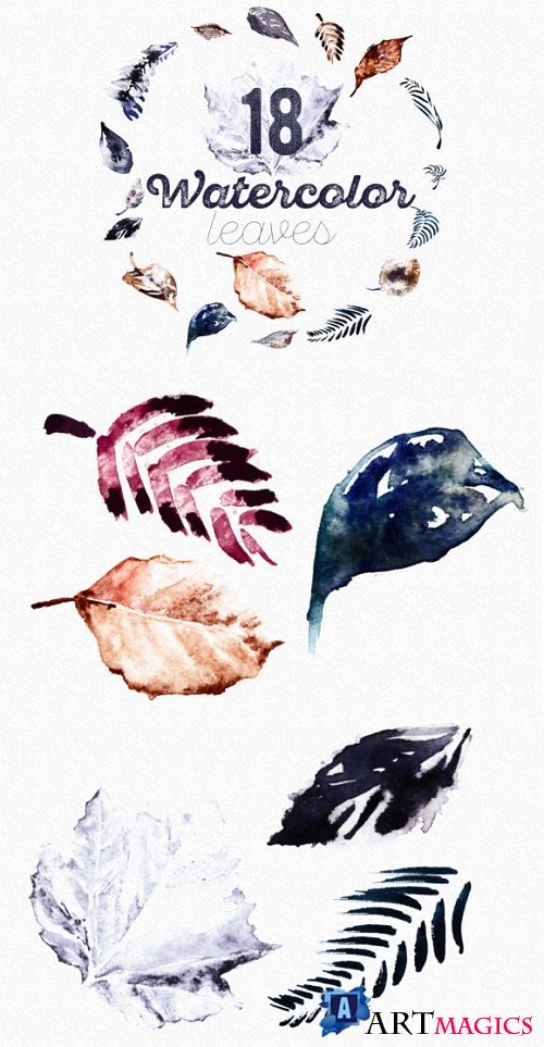 Set of 18 Watercolor Handpainted Leaves