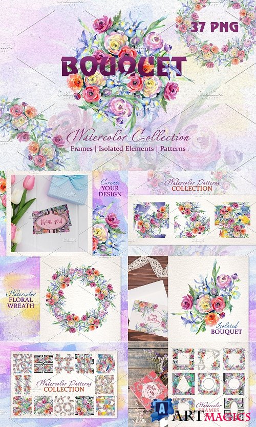 Bright Watercolor Bouquets PNG - 3896561