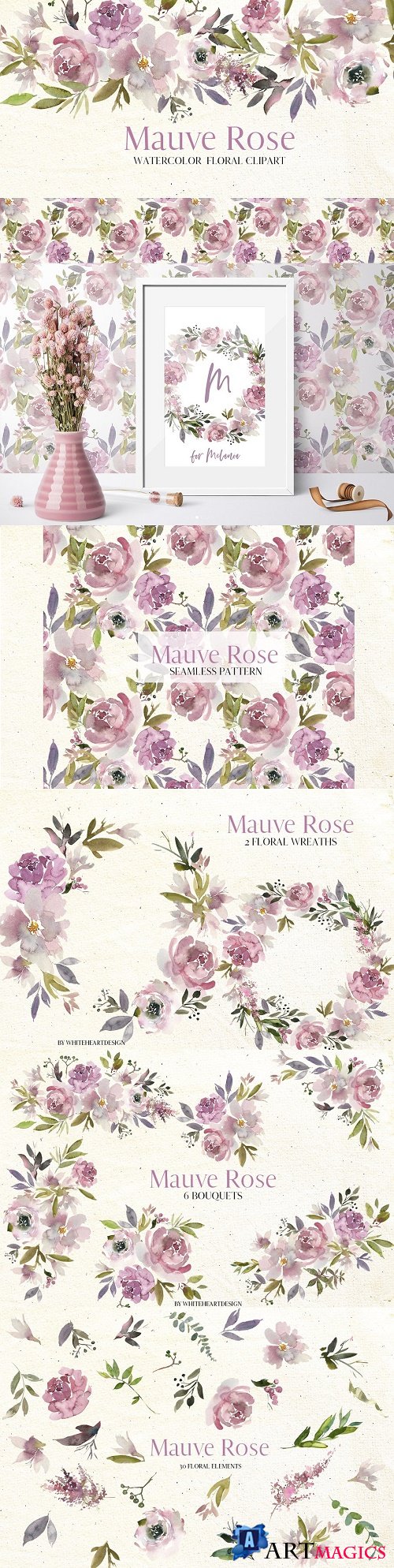 Mauve Rose Watercolor Floral Clipart - 2997079