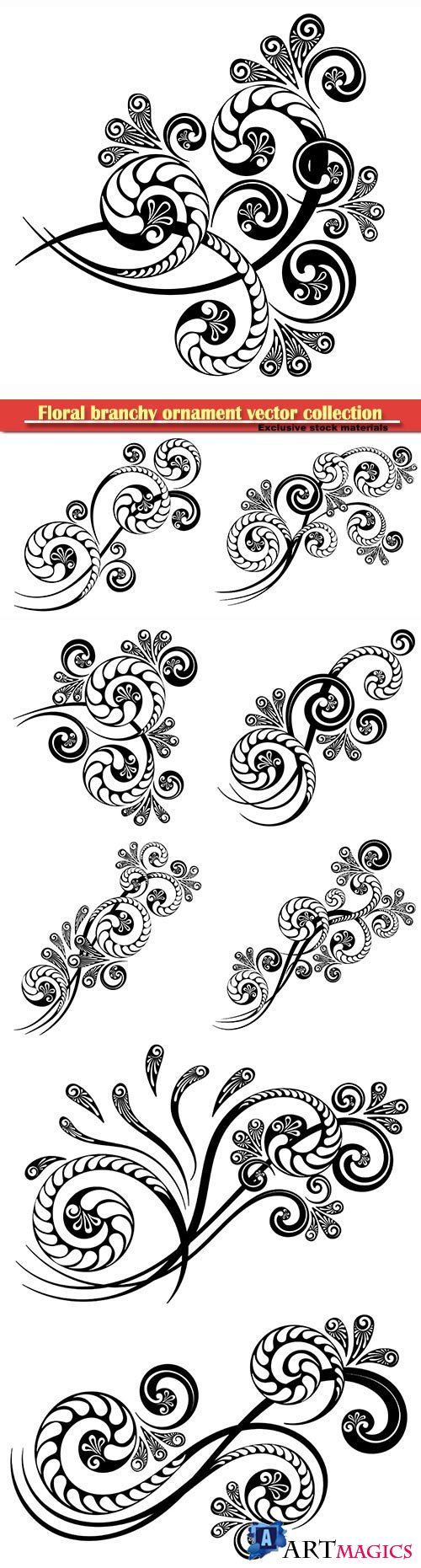 Floral branchy ornament with a beautiful complex pattern for decorative design of invitations, letters and greeting cards