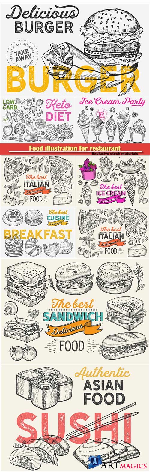 Food illustration for restaurant on vintage background