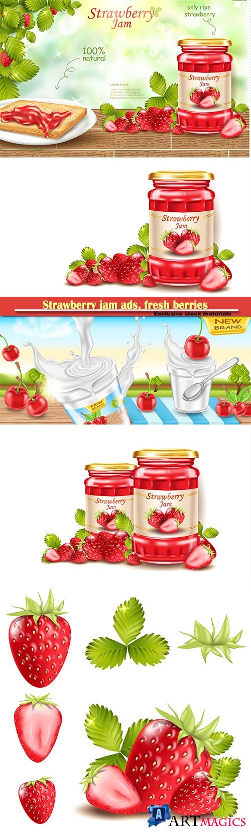 Strawberry jam ads, fresh berries realistic 3d illustration